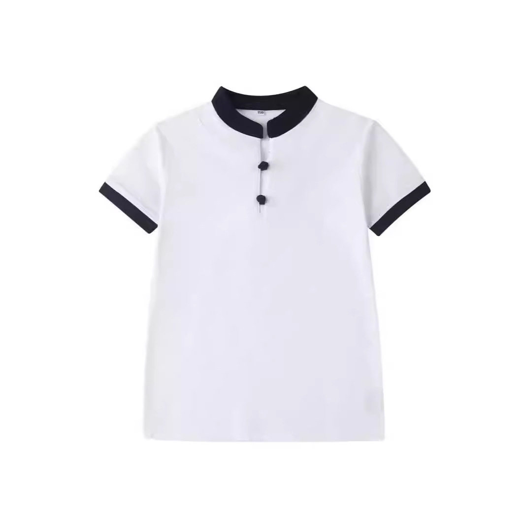 中小学生校服英伦风夏季短袖polo衫t恤班服园服粉色立领白色中式