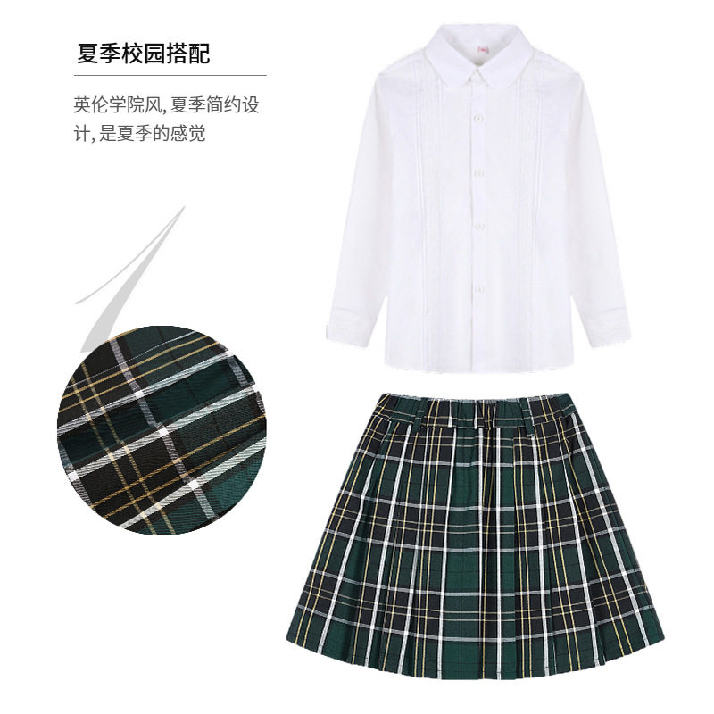 女童绿色格子百褶裙女孩半身裙春秋小学生大童短裙儿童校服半身裙