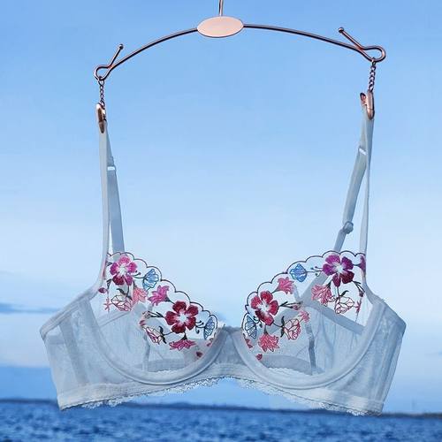 文胸蕾丝刺绣内衣超薄款女士清新绣花套装性感大胸显小黑