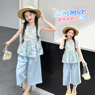 碎花無(wú)袖 女童夏裝 大兒童夏季 衣服女孩七分闊腿褲 藍(lán)色套裝 兩件套