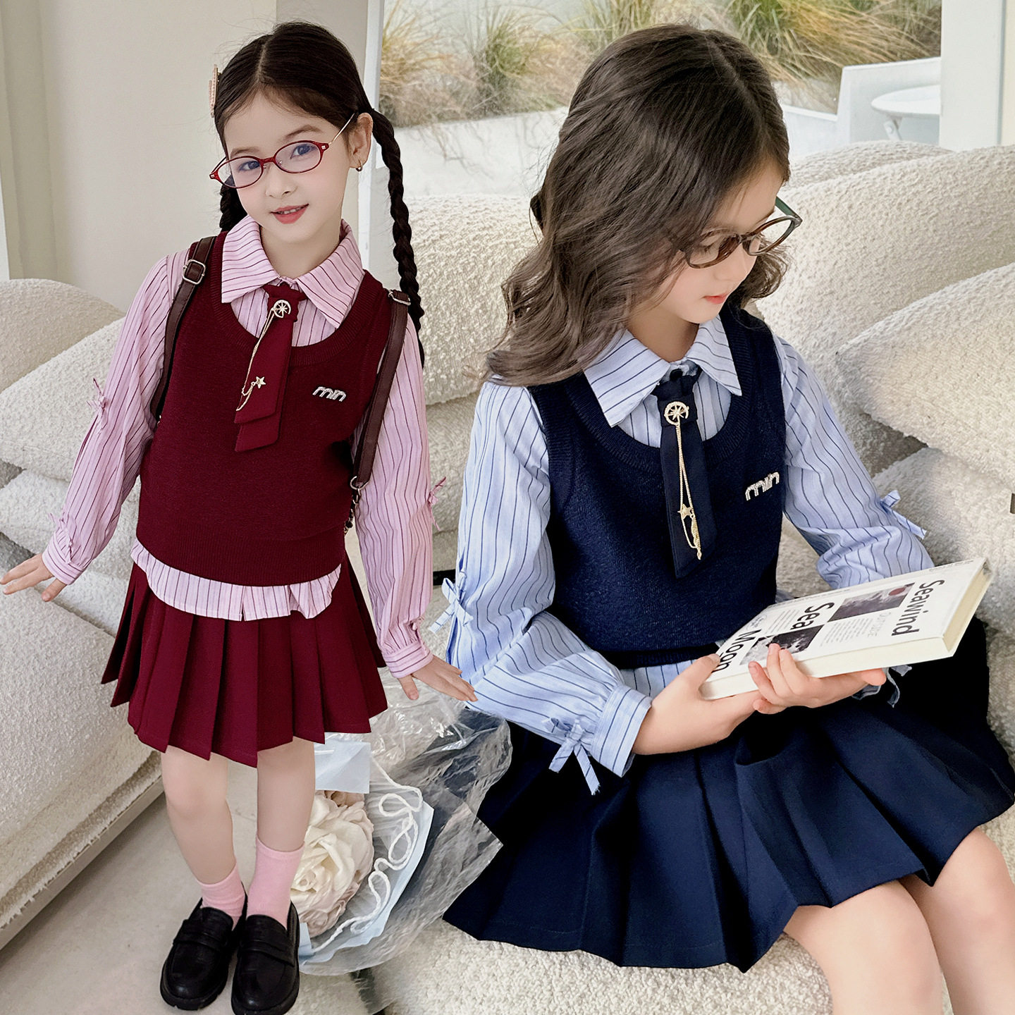 女童园服校服学院风演出服春秋儿童jk衬衫毛线马甲衬衫裙子三件套