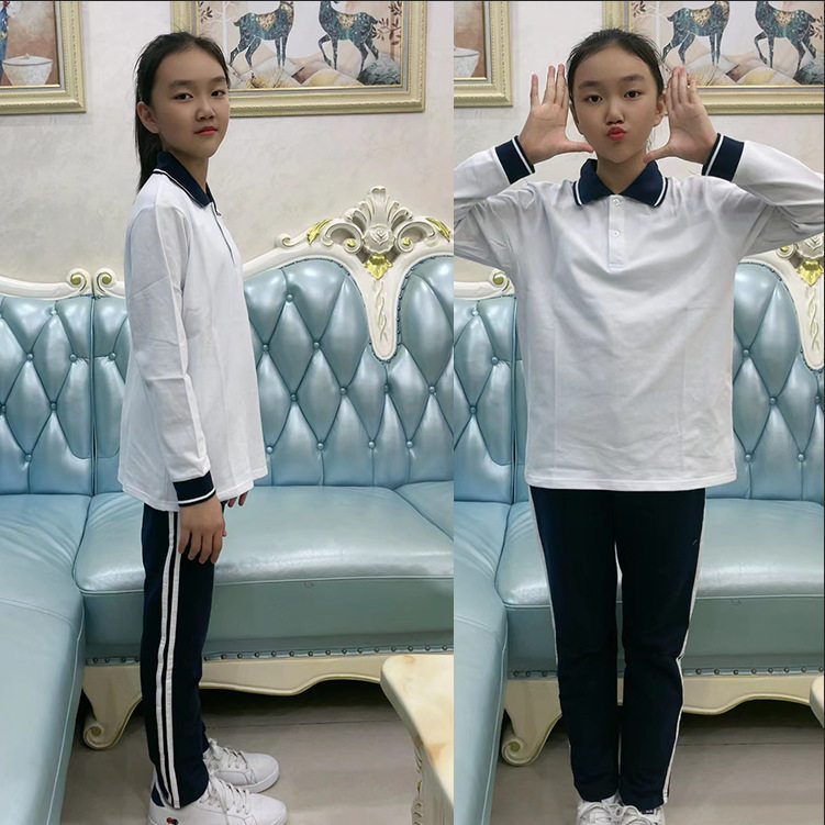 儿童白色polo衫长袖纯棉男女童打底衫大童小学生校服藏青领白T恤