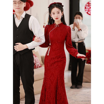 敬酒服新娘小个子2025新款结婚长款中国红旗袍长袖高级订婚礼服