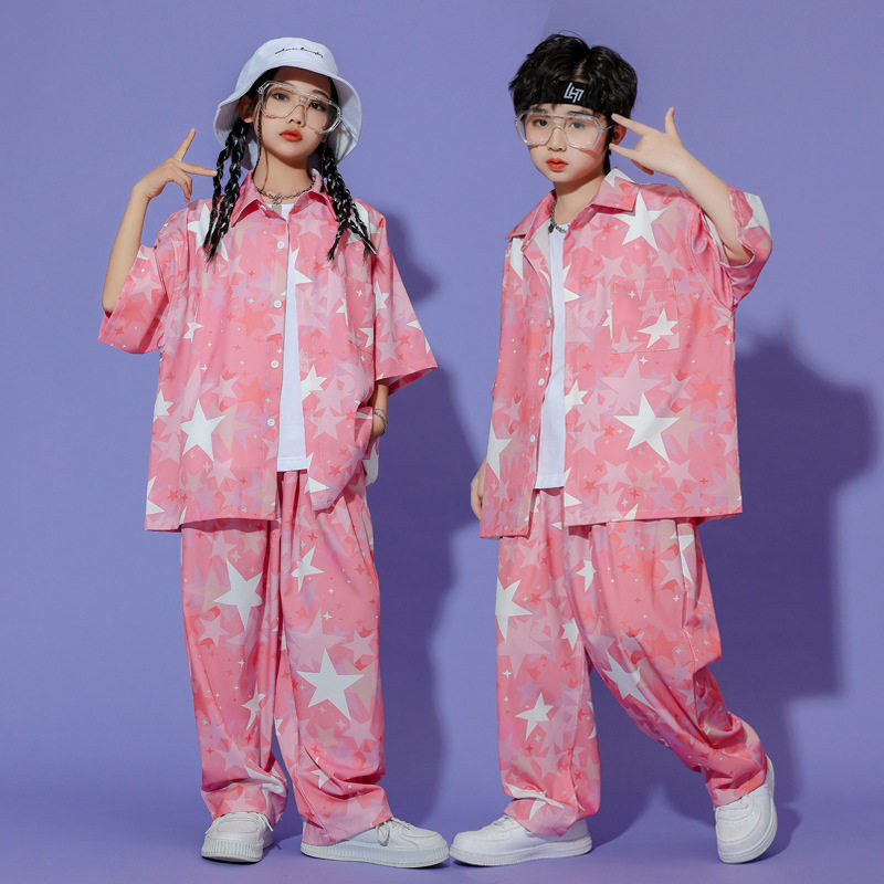 儿童街舞服春秋男童宽松嘻哈演出潮装衬衫衣马甲女童爵士舞表演服