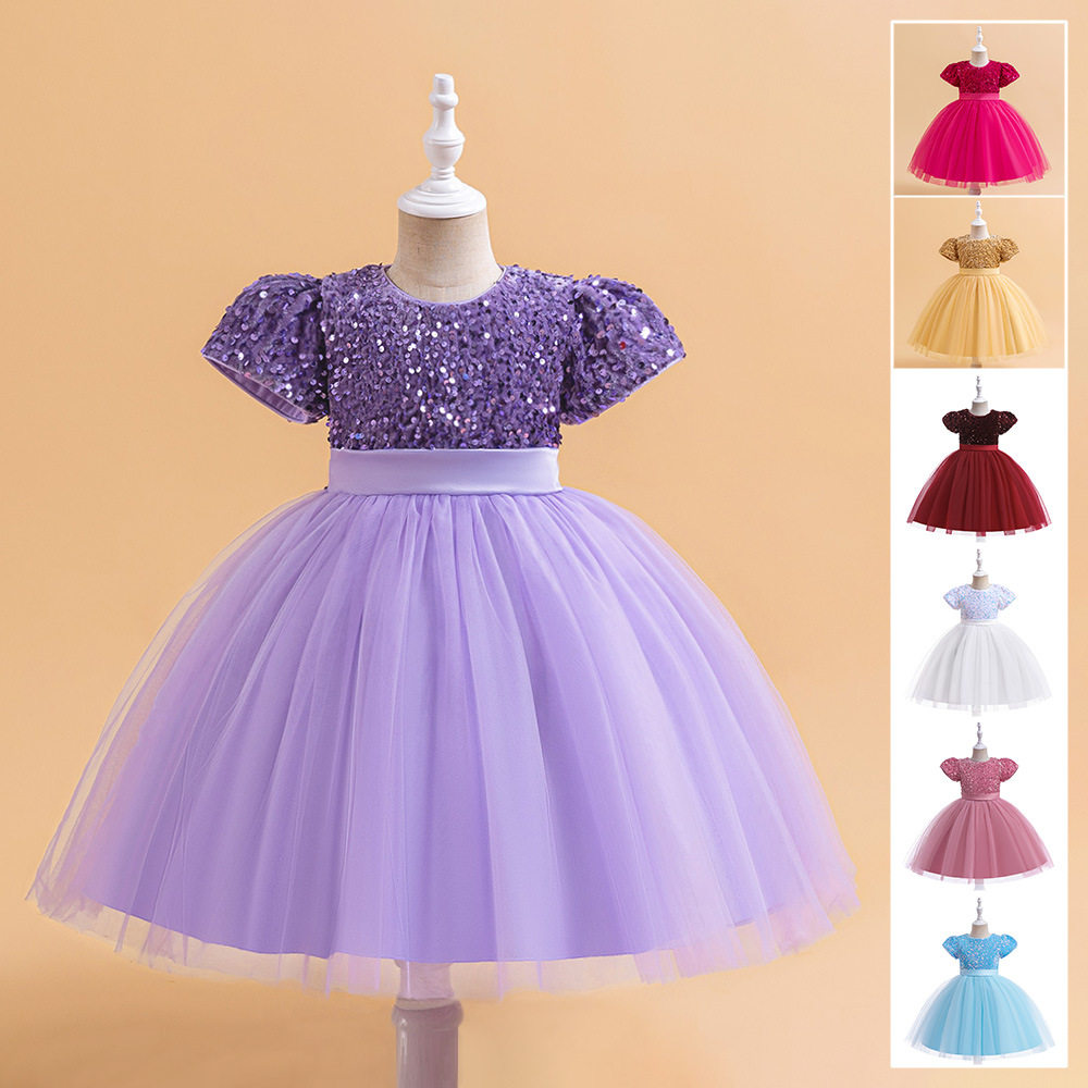 欧美新款女童亮片蓬蓬公主裙儿童礼服裙泡泡袖连衣裙走秀演出