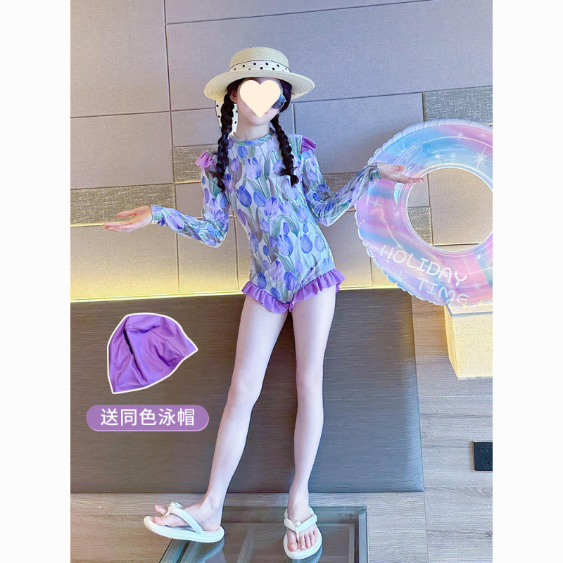 女童连体长袖夏季泳衣2025新款洋气儿童泳装女孩公主游泳衣防晒