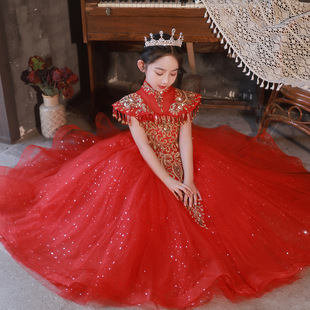 兒童禮服公主裙國(guó)潮走秀女童紅色高端晚禮服蓬蓬紗洋氣中國(guó)風(fēng)