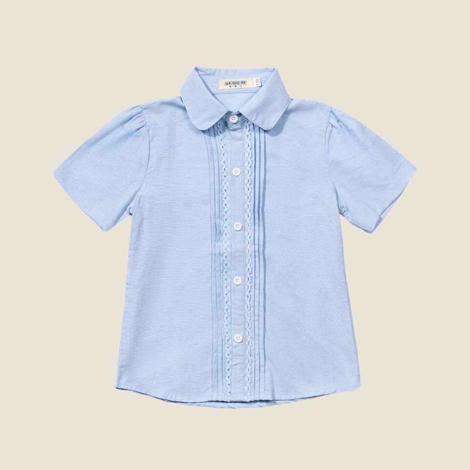夏款儿童浅蓝短袖衬衫中小学生校服男女童刺绣纯白衬衣班服演出服