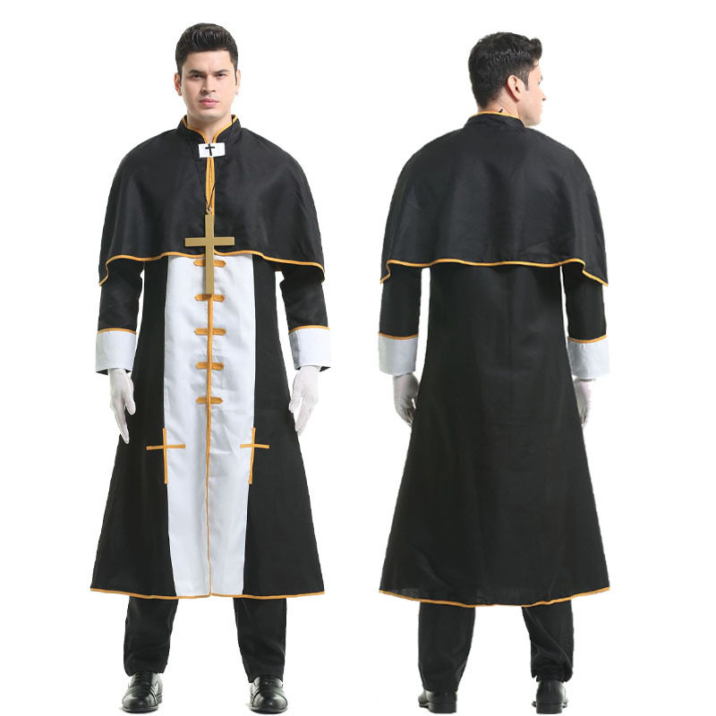 万圣节男传教士牧师服cosplay圣母玛利亚神父黑色长袍舞台演出服
