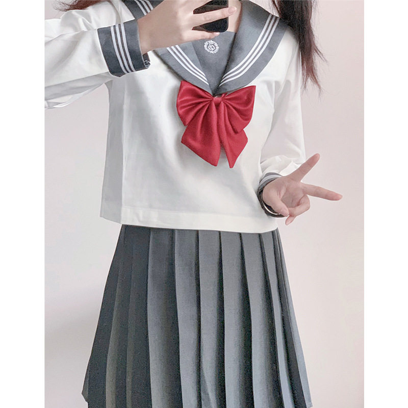 日系制服灰领白三本刺绣关西襟水手服女校服班服学院风学生套装