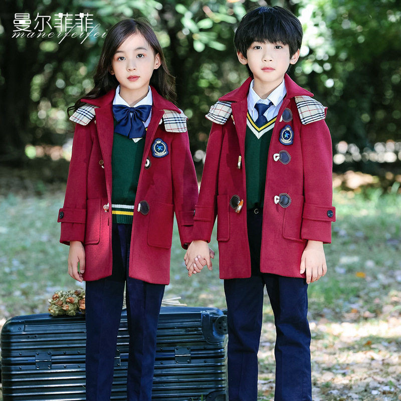 幼儿园园服中小学生校服三件套装毛尼外套呢子大衣英伦学院风班服