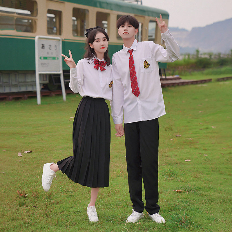 班服学院风英伦校服套装中学生三件套秋高中运动会演出白衬衫上衣