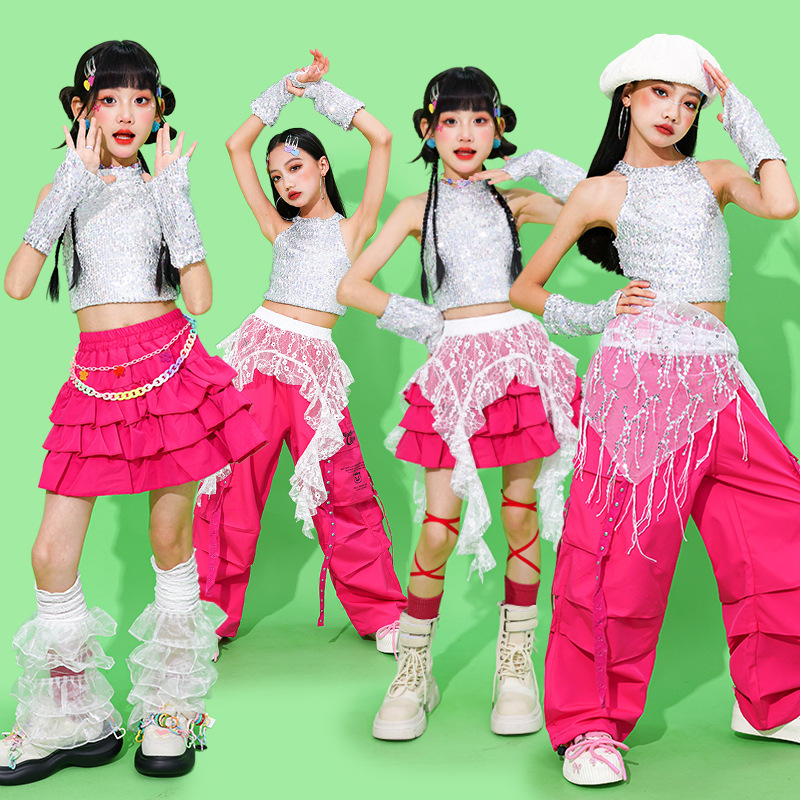 女童jazz爵士舞演出服少儿亮片上衣套装儿童街舞服装女孩表演