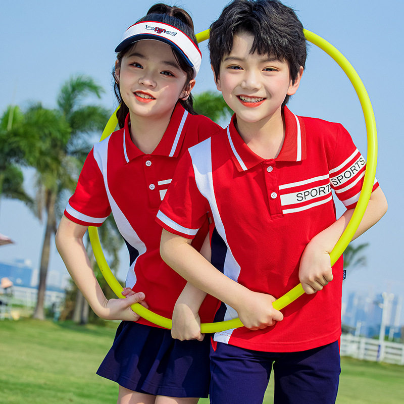 儿童班服小学生校服夏季运动套装红色短袖polo衫幼儿园园服毕业服