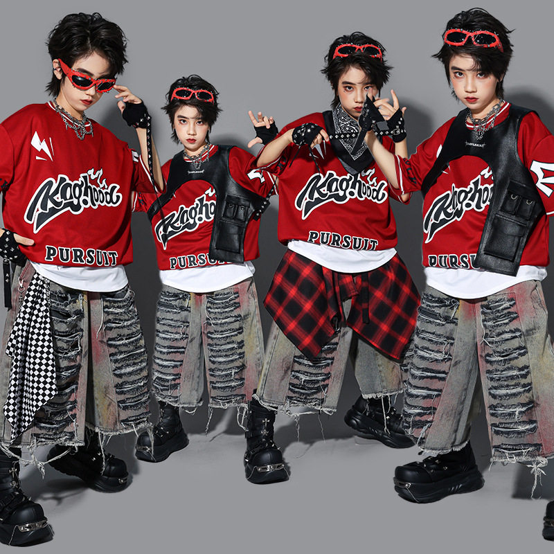 儿童嘻哈街舞演出服男童炸街马甲套装少儿hiphop服装男孩表演