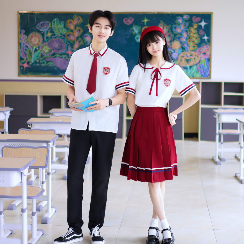学院风红色校服套装初高中生短袖衬衫夏季班服毕业照合唱团演出服