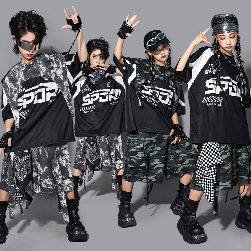 儿童街舞演出服少儿hiphop迷彩服装男童嘻哈马甲套装女童表演