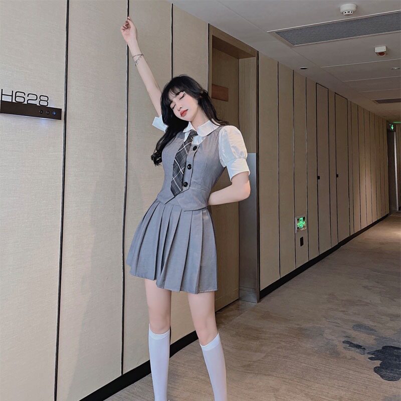 实拍JK套装女百褶裙夏学院风班服英伦韩式校服三件套马甲西装
