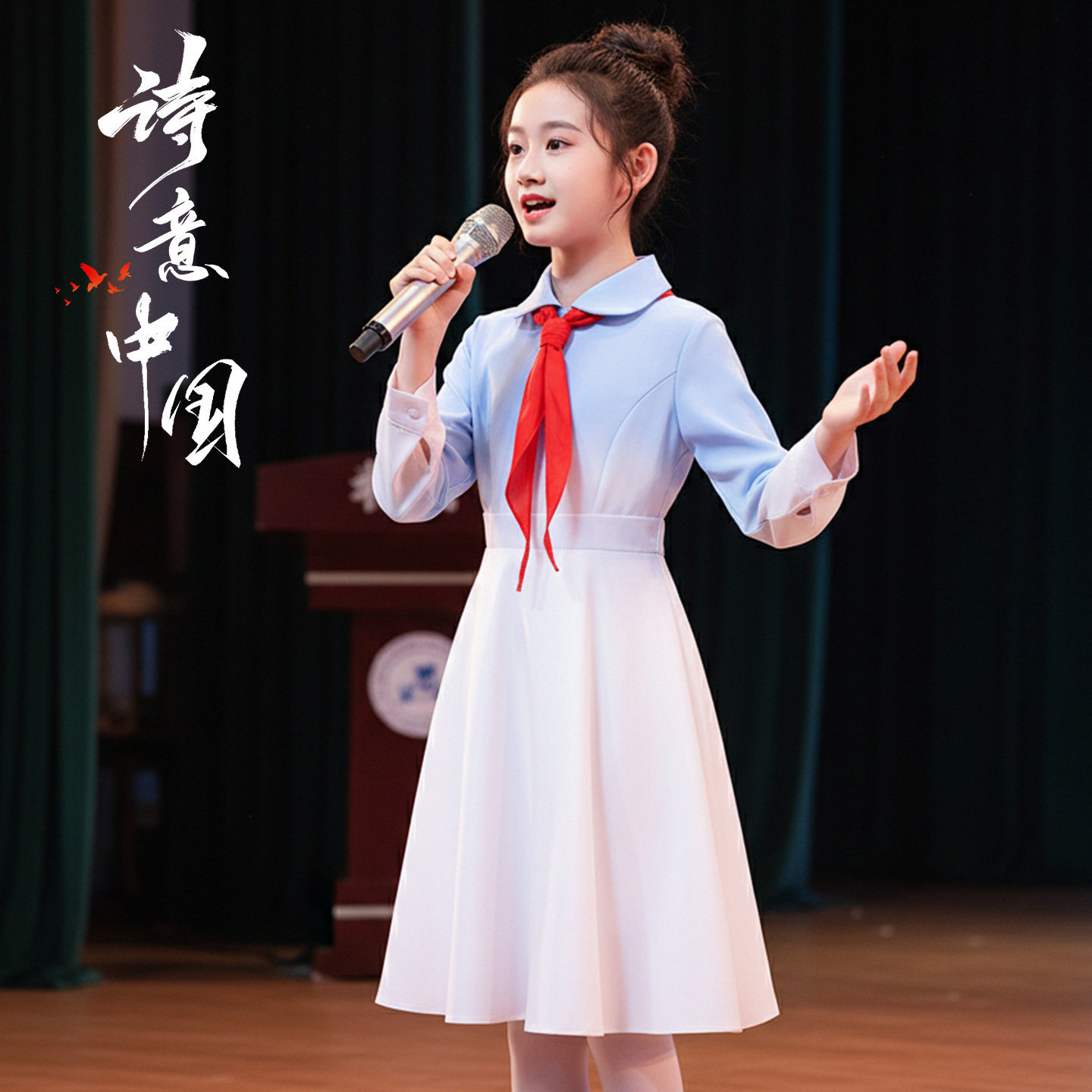 六一儿童合唱团演出服蓝色校服中小学生爱国诗歌朗诵主持比赛服装