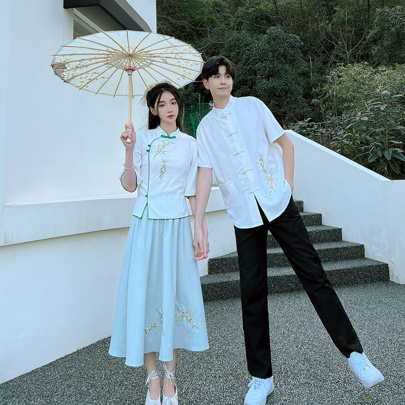 新款民国风情侣装夏季短袖刺绣设计小初高中毕业服班服校服表演服