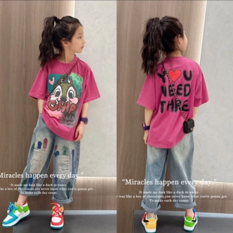 女童夏季套装2025新款女大童洋气时髦短袖T恤炸街牛仔裤两件套潮