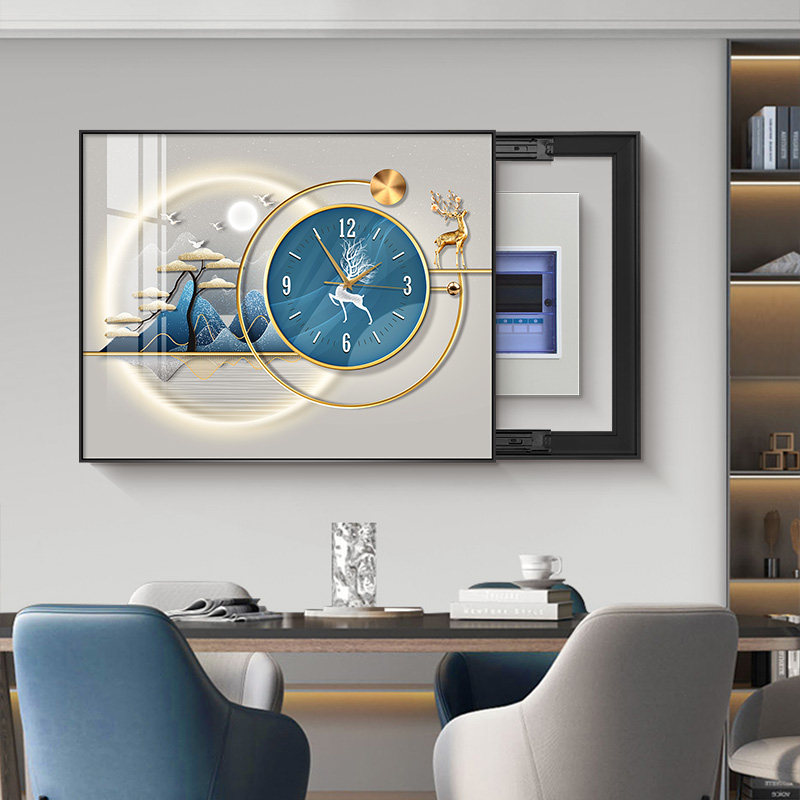 北欧轻奢电表箱装饰画带钟表新款弱电箱遮挡时钟免打孔开关盒挂画