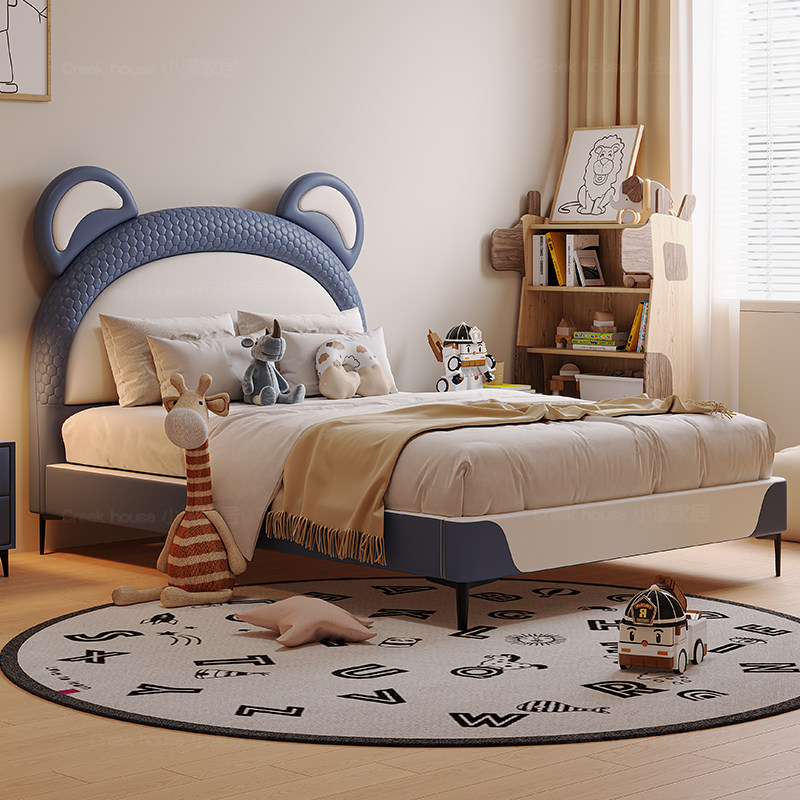 卡通儿童床男孩青少年床1米5小户型单人床现代简约软包实木真皮床