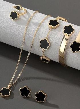 跨境韩版新款五叶花时尚幸运耳针项炼手镯手錬戒指组套五瓣花厂家