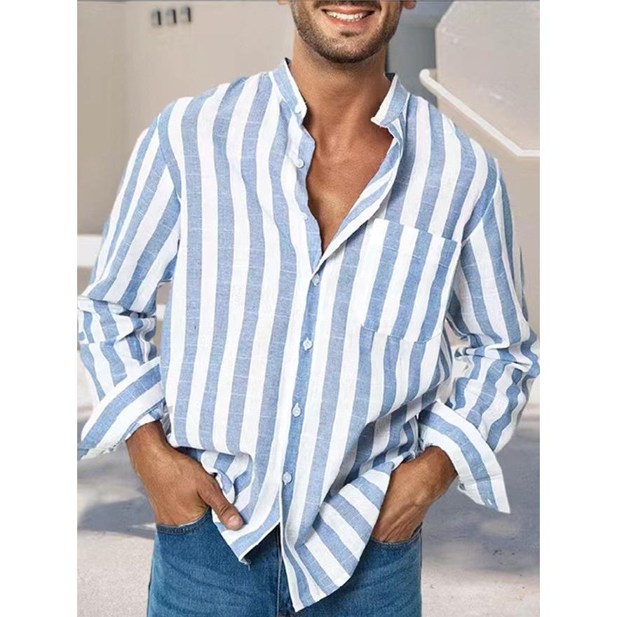 Men's versatile thin stripe lapel shirt 男百搭薄条纹翻领