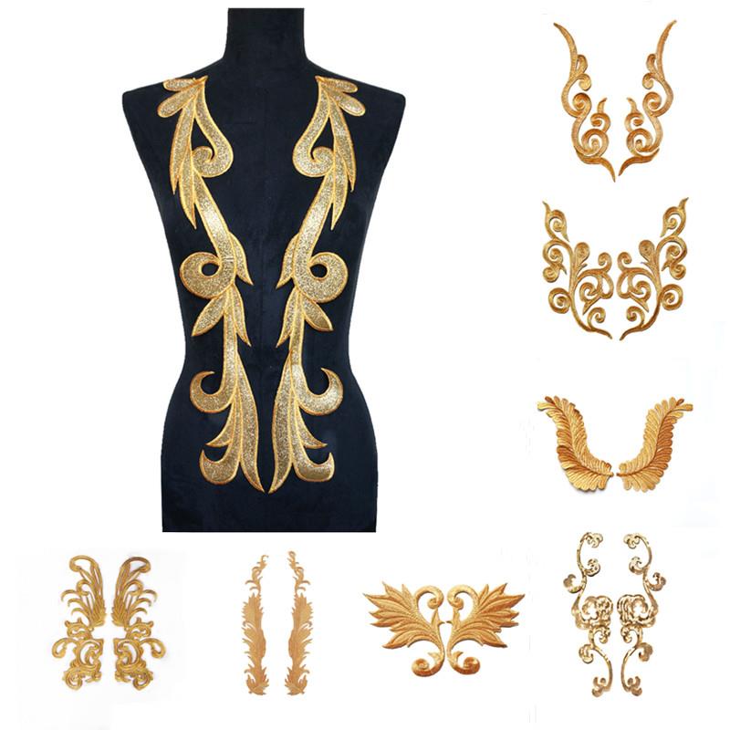 2Pcs Embroidered Gold Flower Baroque Applique Collar Iron Se