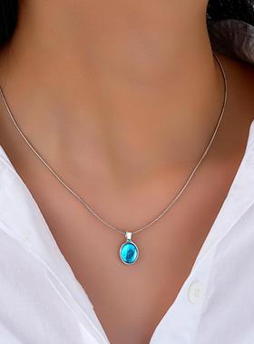 Sapphire necklace欧美新款海蓝宝石项链时尚吊坠锁骨链配饰女