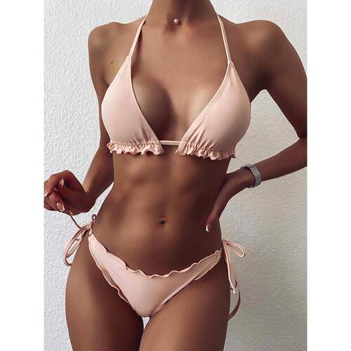 Split lace up three point bikini分体飞边系绳三点式比基尼套装