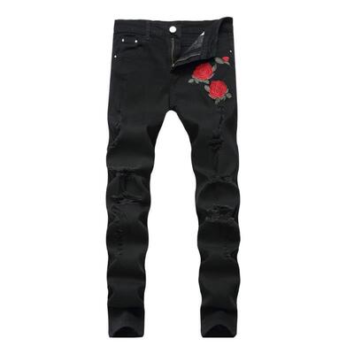 Men Rose Embroidered Ripped Jeans 男士玫瑰花刺绣修身牛仔裤