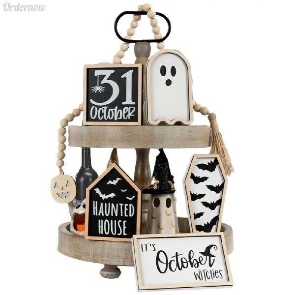 6Pcs Cute Wooden Sign Ghost Bat Coffin Haunted House Ghost