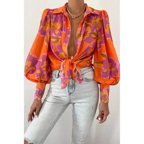 Long Sleeve Lapel Single Breasted Balloon Sleeve Shirt