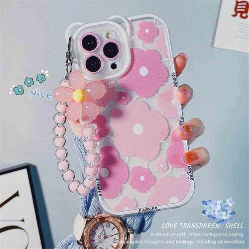 Cute 3D Bear Ear Flower Hang Phone Chain Clear Soft Case for