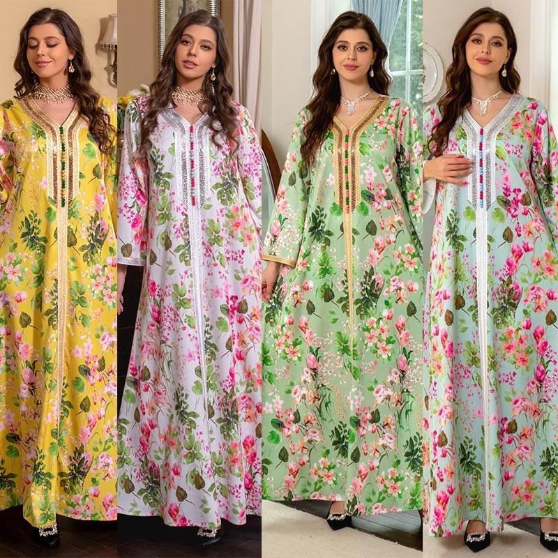 Muslim Maxi Dress For Women Long Sleeve Loose Stamping Robe