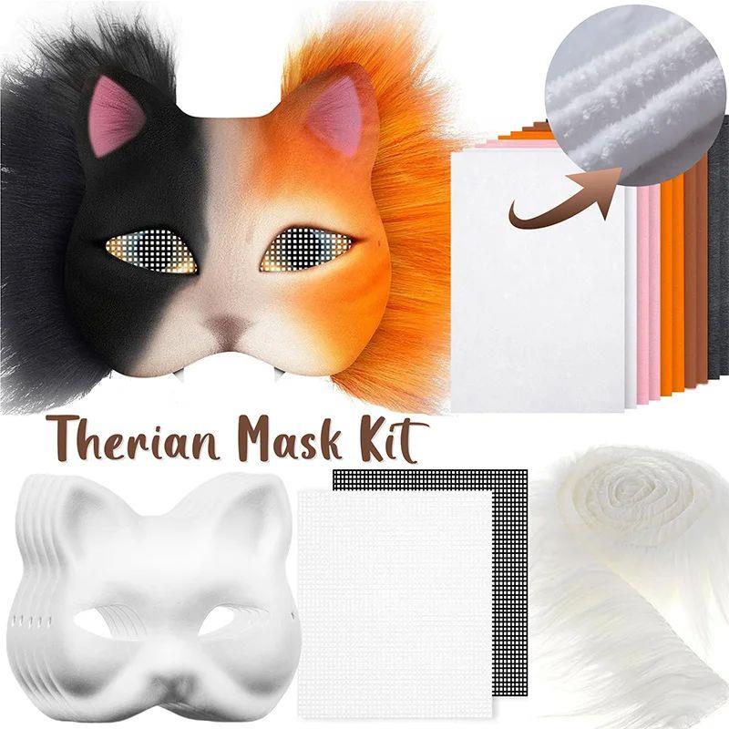 Therian Mask Set Blank Mask Half Face Hand Drawn Animal Cat
