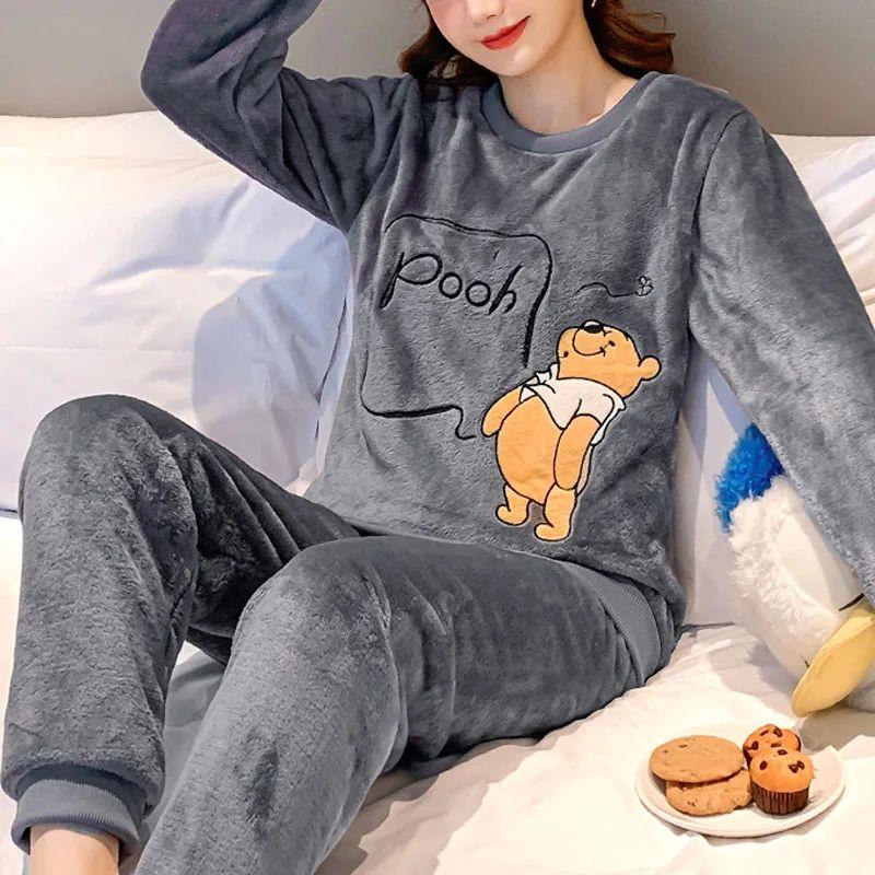 Flannel Pajamas Women Round Neck Suit Thickened Warm Cartoon
