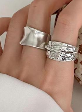 2-piece ring set for women跨境不规则宽面锤戒指2件套女开口戒
