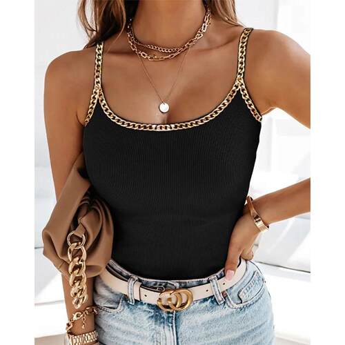 Chain Decor U-Neck Ribbed Cami Top Sleeveless Women Spring S