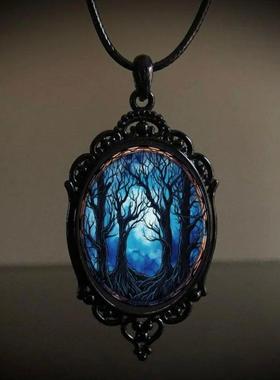 Vintage Gothic Witch Dark Forest Castle Pendant Necklace for