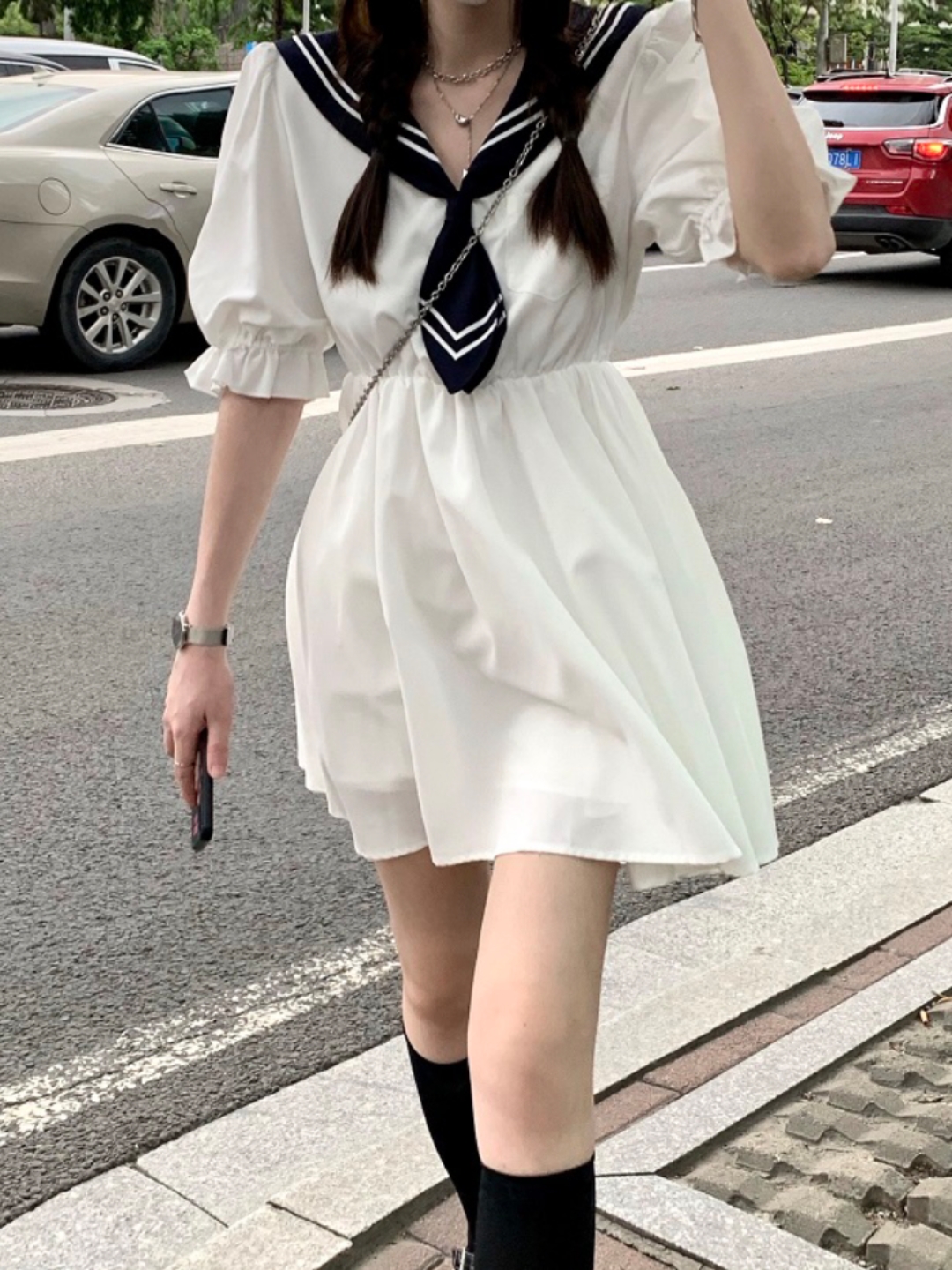 超级好看的日系学院风海军领减龄白色蓝襟JK制服水手服