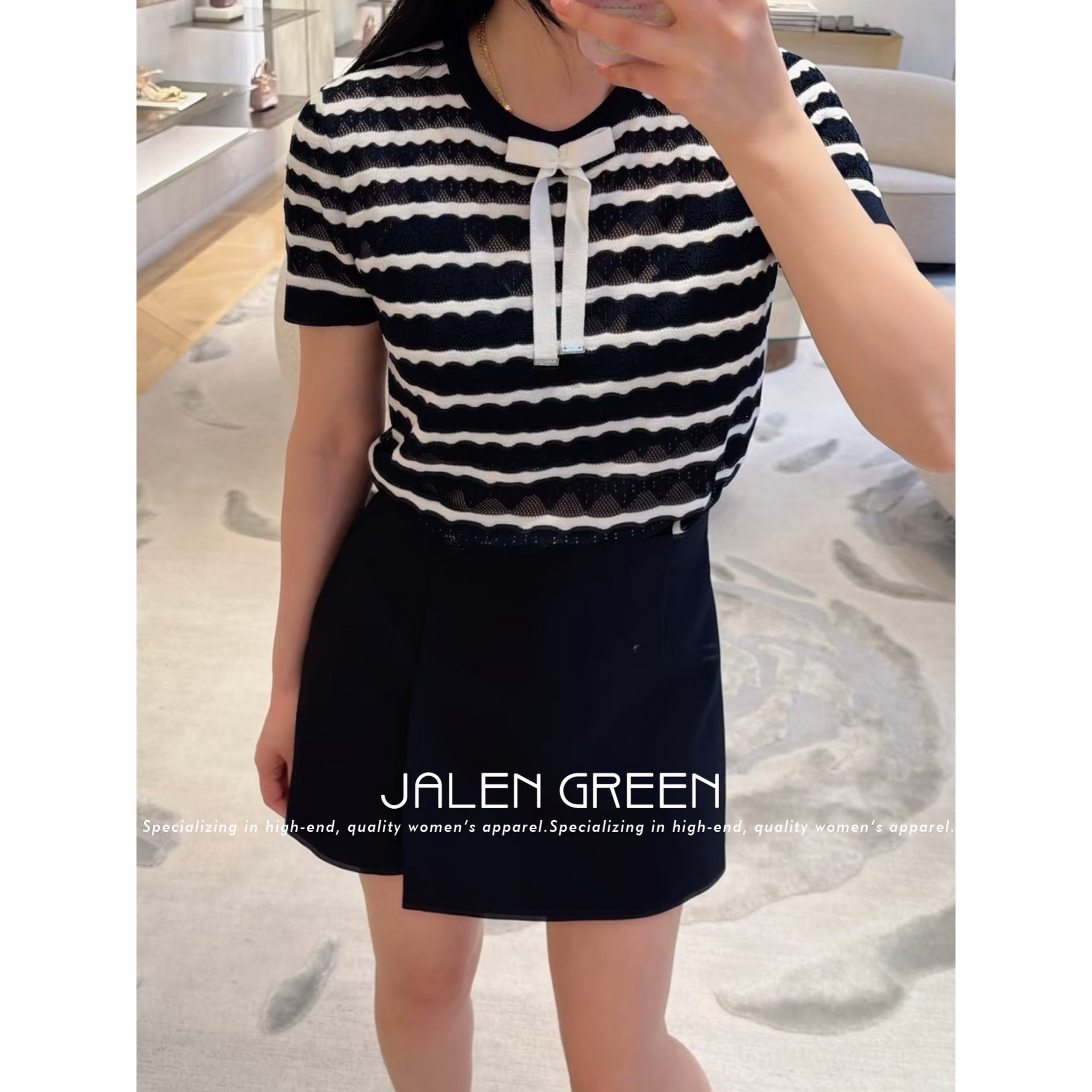 JALEN GREEN/低饱和OOTD!26S温柔风条纹撞色蝴蝶结设计毛针织衫女