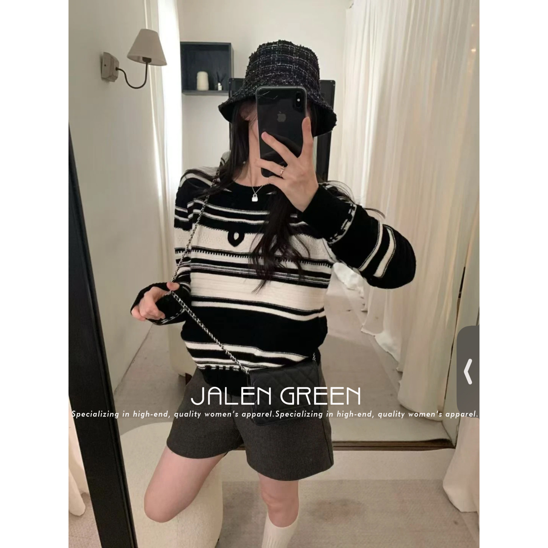 JALEN GREEN 经典不过时!1-14/黑白条圆领长袖羊毛针织毛衣女长袖