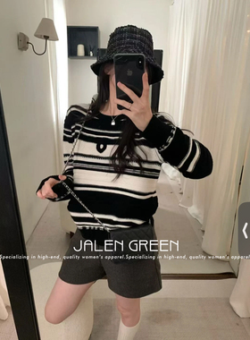 JALEN GREEN 经典不过时!1-14/黑白条圆领长袖羊毛针织毛衣女长袖