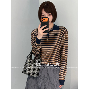 21经典 不过时 条纹 上衣毛针织女 JALEN 宽松POLO领长袖 GREEN