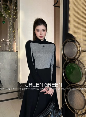 JALEN GREEN时髦尖子生!1-26/撞色拼接小香风高领长袖针织上衣女