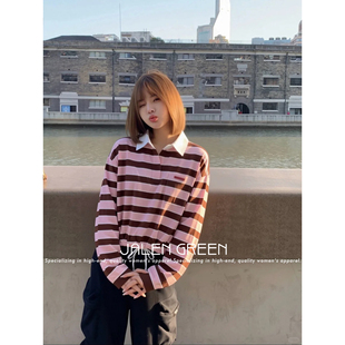 GREEN 休闲上衣宽松翻领女装 长袖 撞色 20条纹永远穿不腻 JALEN