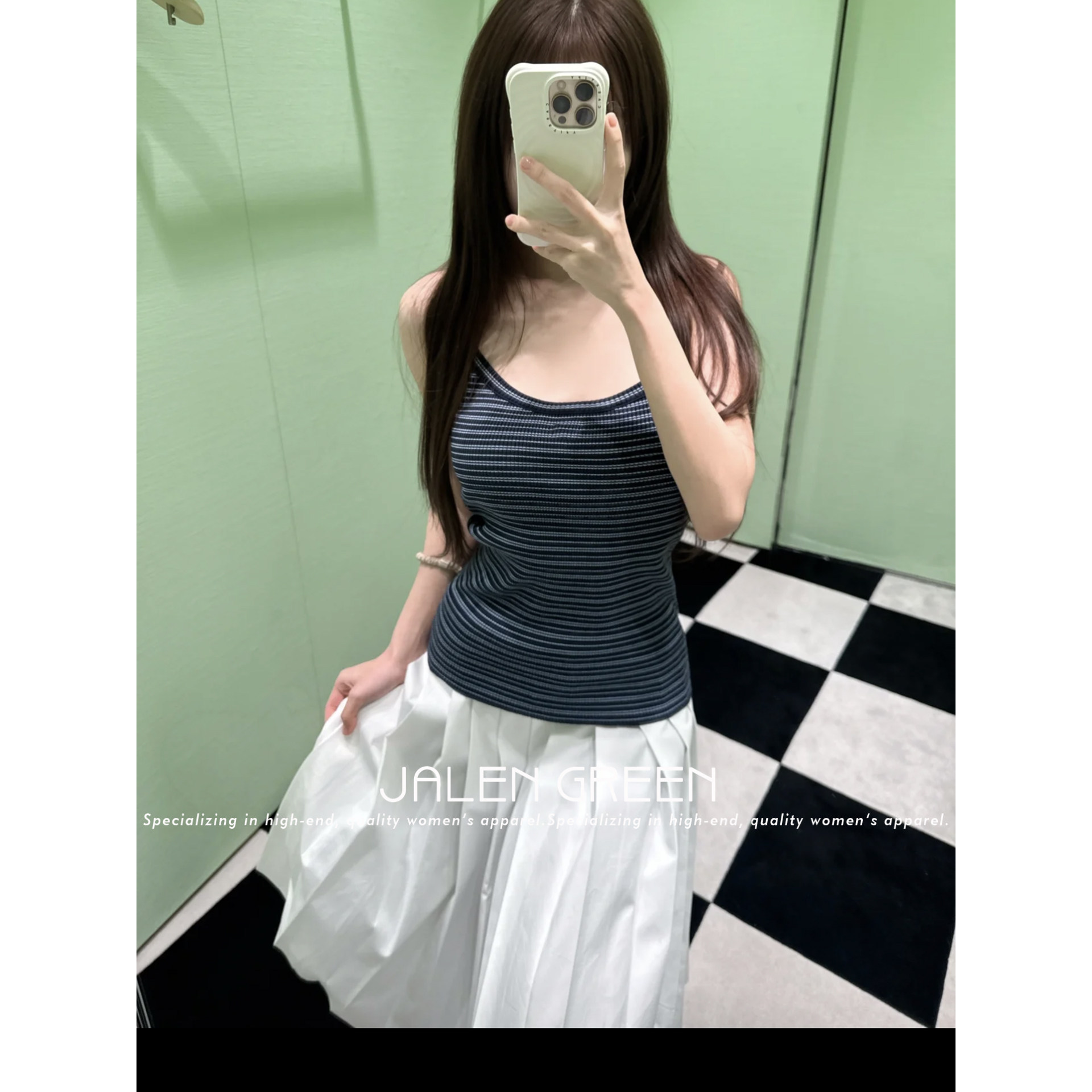 JALEN GREEN/漂亮是种感觉 26s条纹撞色吊带背心+同色系短袖t恤女